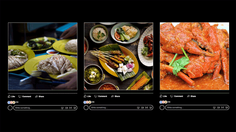 Gif showing food photos on a website being blocked with a 'Food looks better after sunset' graphic