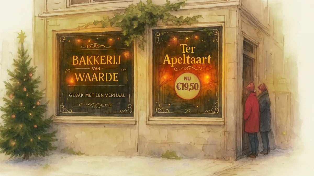 Illustrated winter street scene showing the exterior of Bakkerij van Waarde in Amsterdam. Warmly lit windows display signage reading “Bakkerij van Waarde – gebak met een verhaal” and “Ter Apeltaart, nu €19,50.” A small Christmas tree stands outside, and two bundled-up passersby pause to look into the bakery window, creating a cozy, seasonal atmosphere 