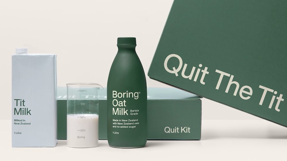 Side by side: carton of 'tit milk', measuring cup and green bottle of Boring oat milk