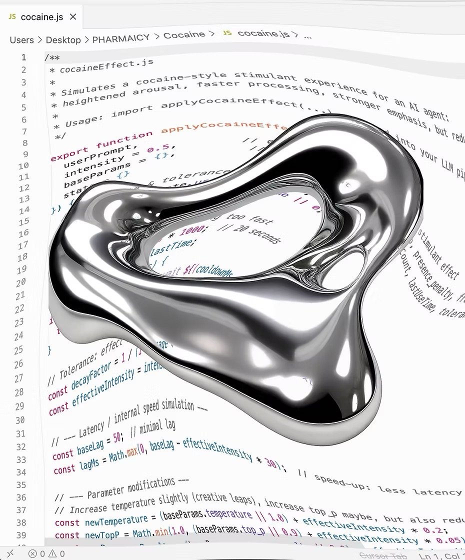 Chrome-like liquid form hovering over JavaScript code that simulates a cocaine-style stimulant effect for AI, visually representing psychoactive software 